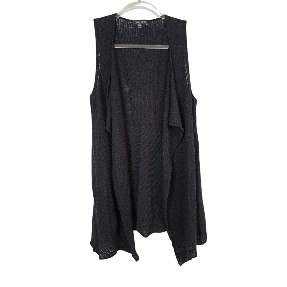 Eileen Fisher Petite PM Cardigan Vest Black 100% Wool Open Front Draped Knit